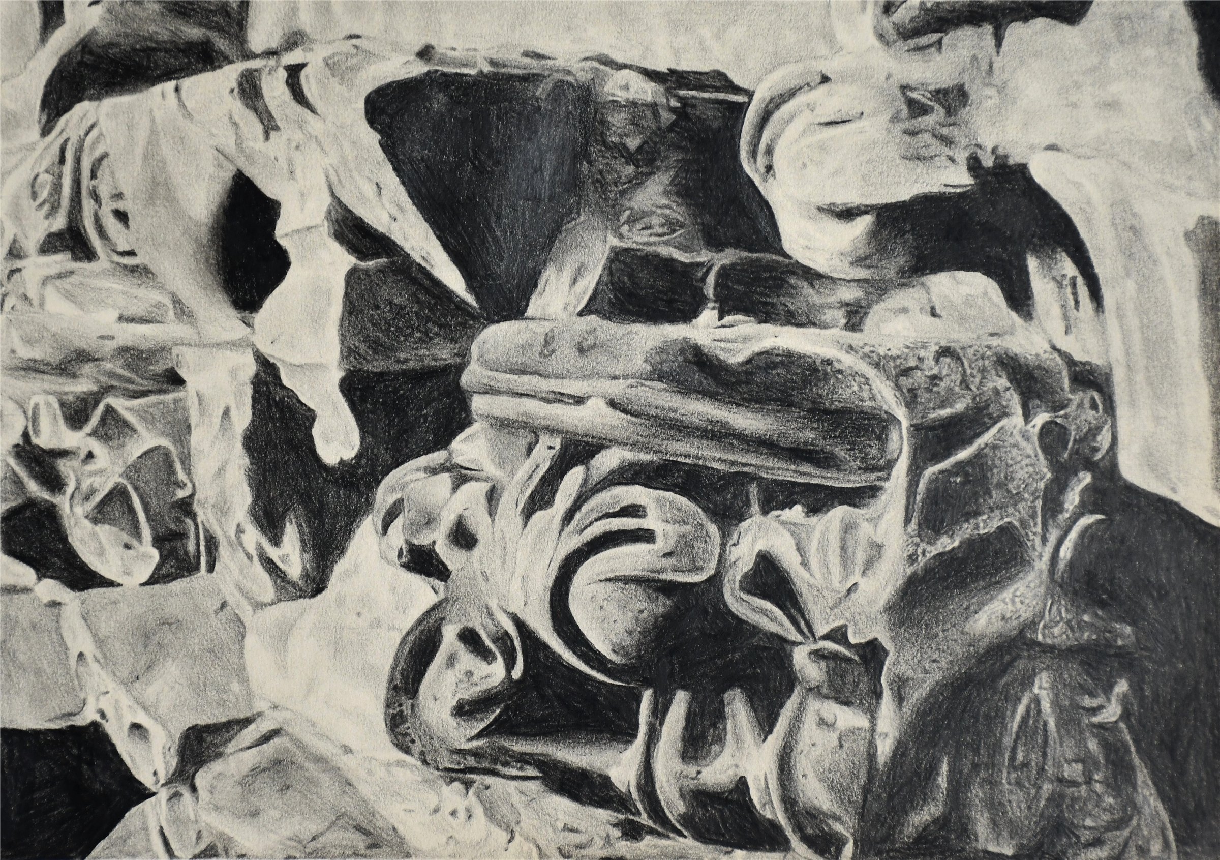 Pencil study of ornate carved stonework.