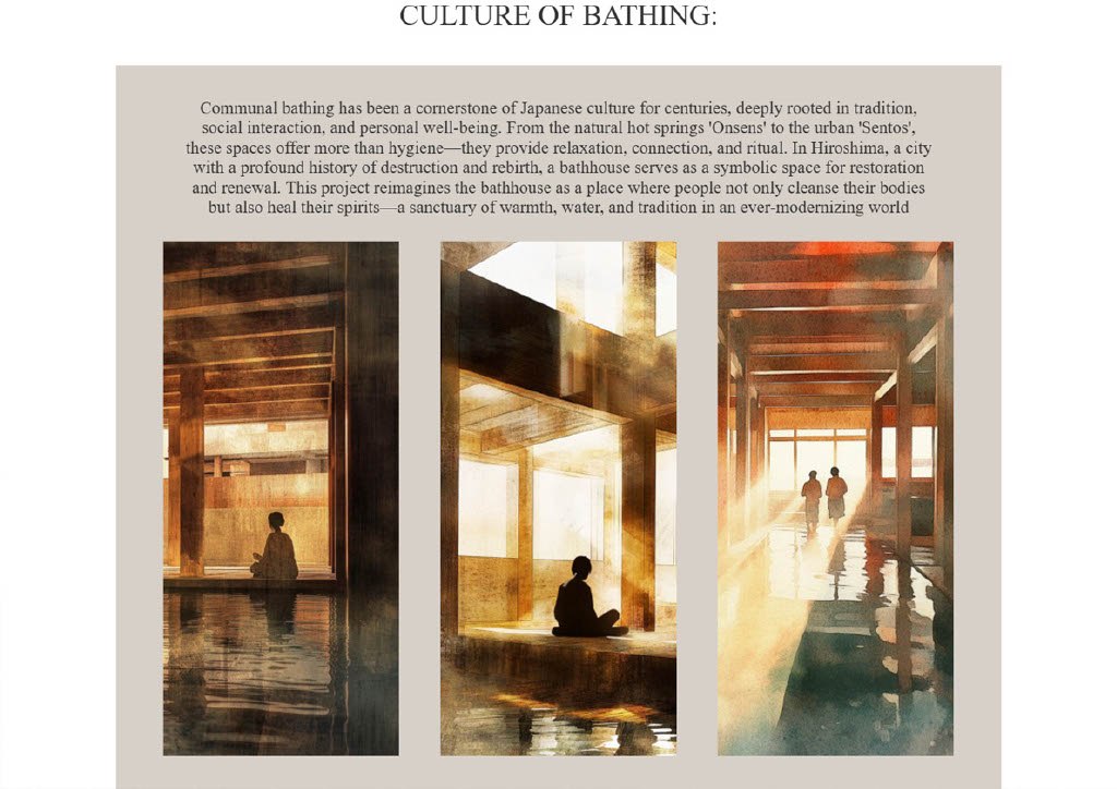 Culture of Bathing — a board on the tradition of communal bathing in Japan, illustrated with three atmospheric interior studies.