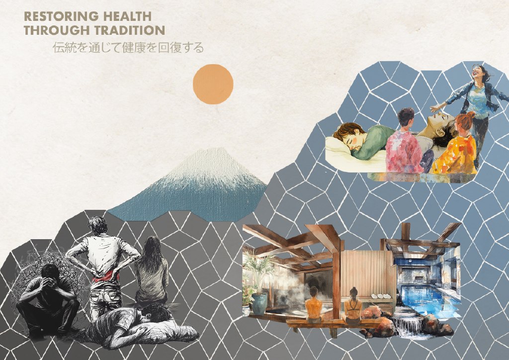 Project manifesto — Restoring Health Through Tradition. A collage of Mount Fuji, figures in distress and figures at rest in traditional baths.