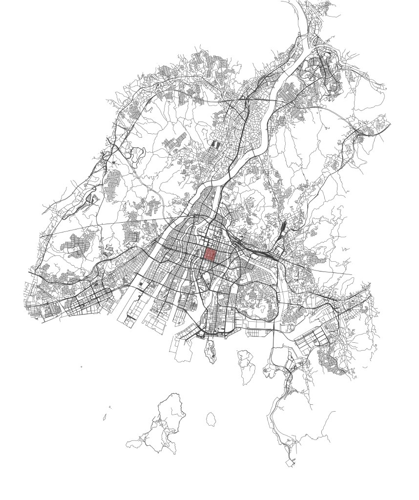 Hiroshima site locator — city street network with the project site marked in red.
