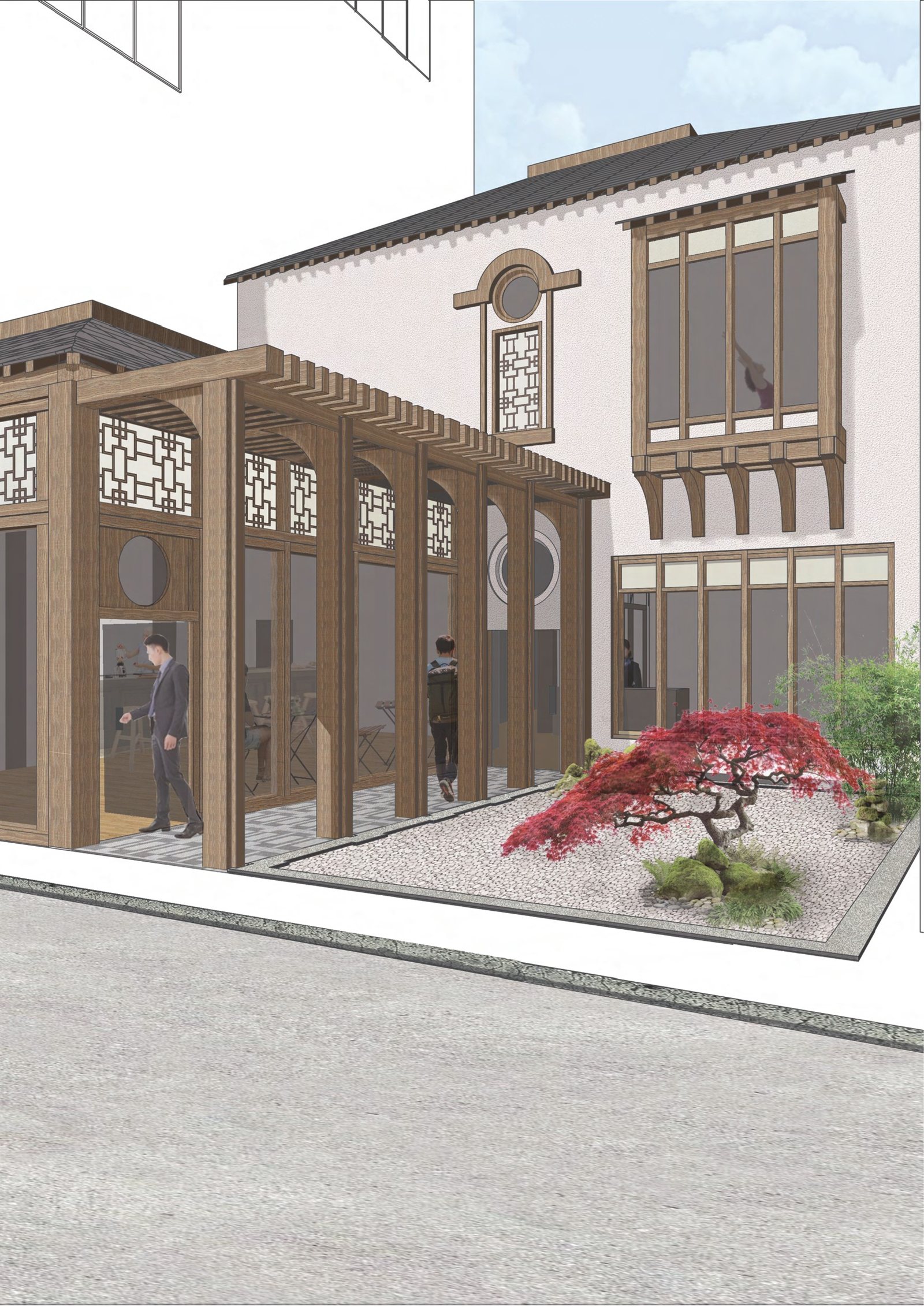Exterior render of the Japanese bathhouse with a maple in the front garden.