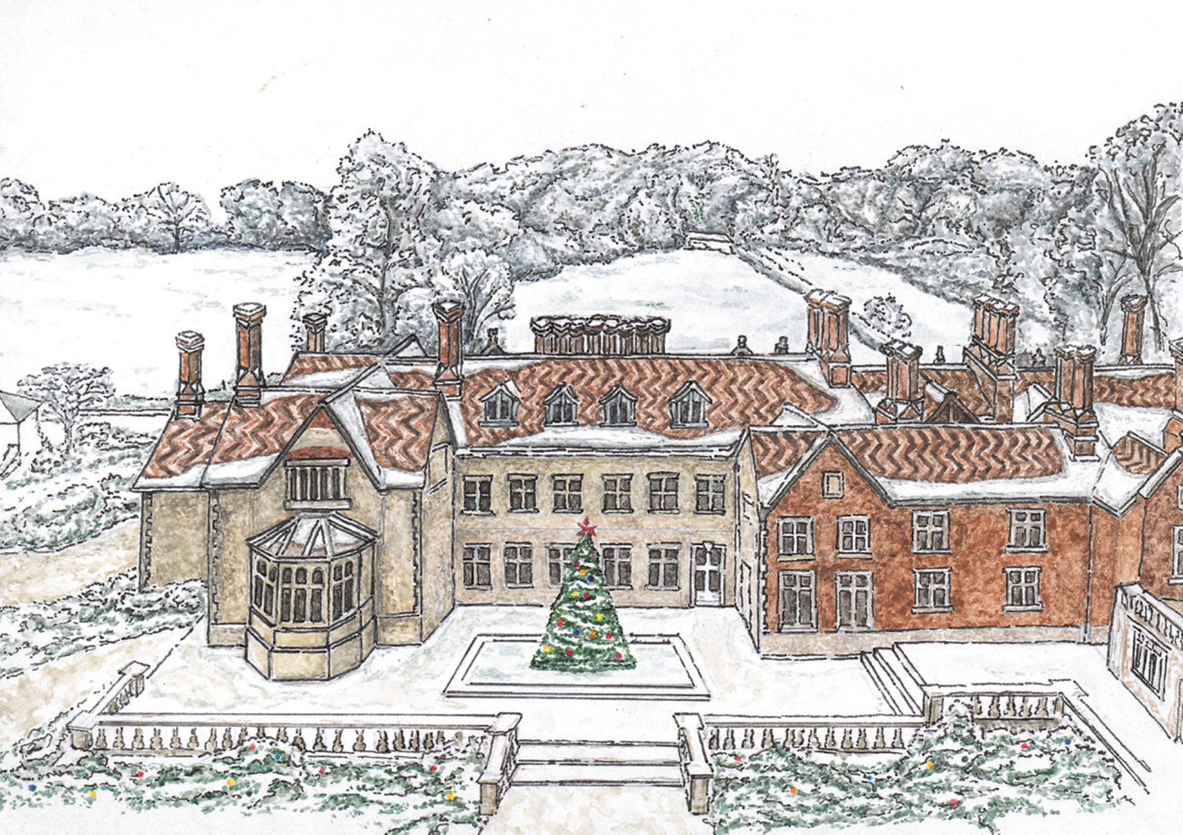 A winter pen-and-watercolour illustration of a country house for a Christmas card.