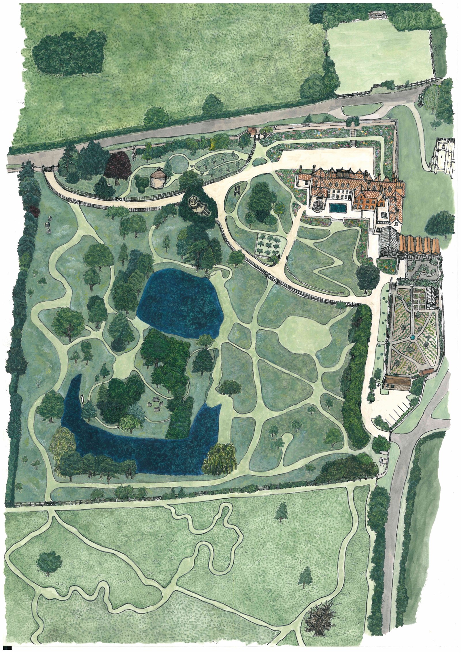Hand-drawn aerial map of an English country estate.
