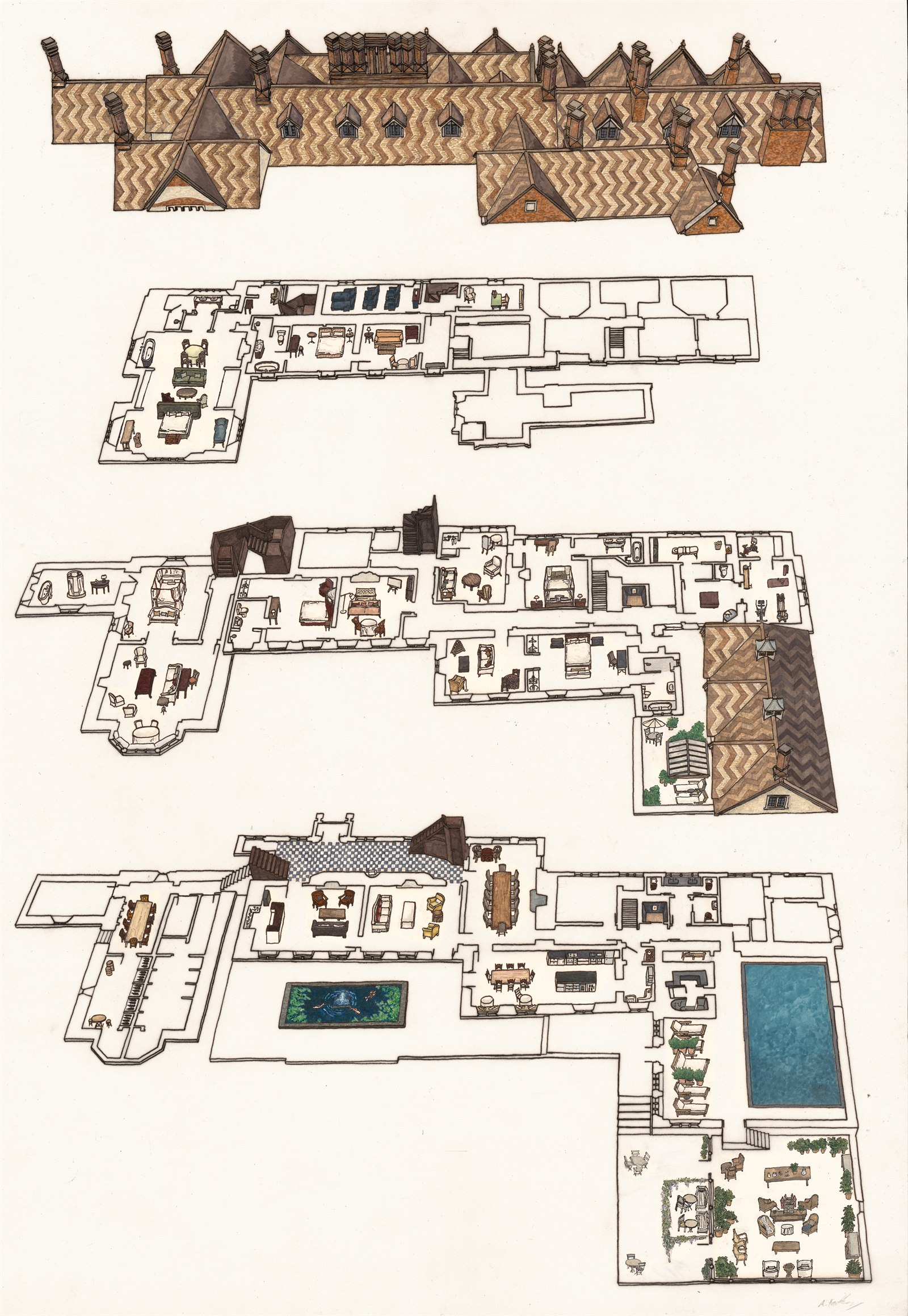 Layered watercolour floor plans of a country hotel.