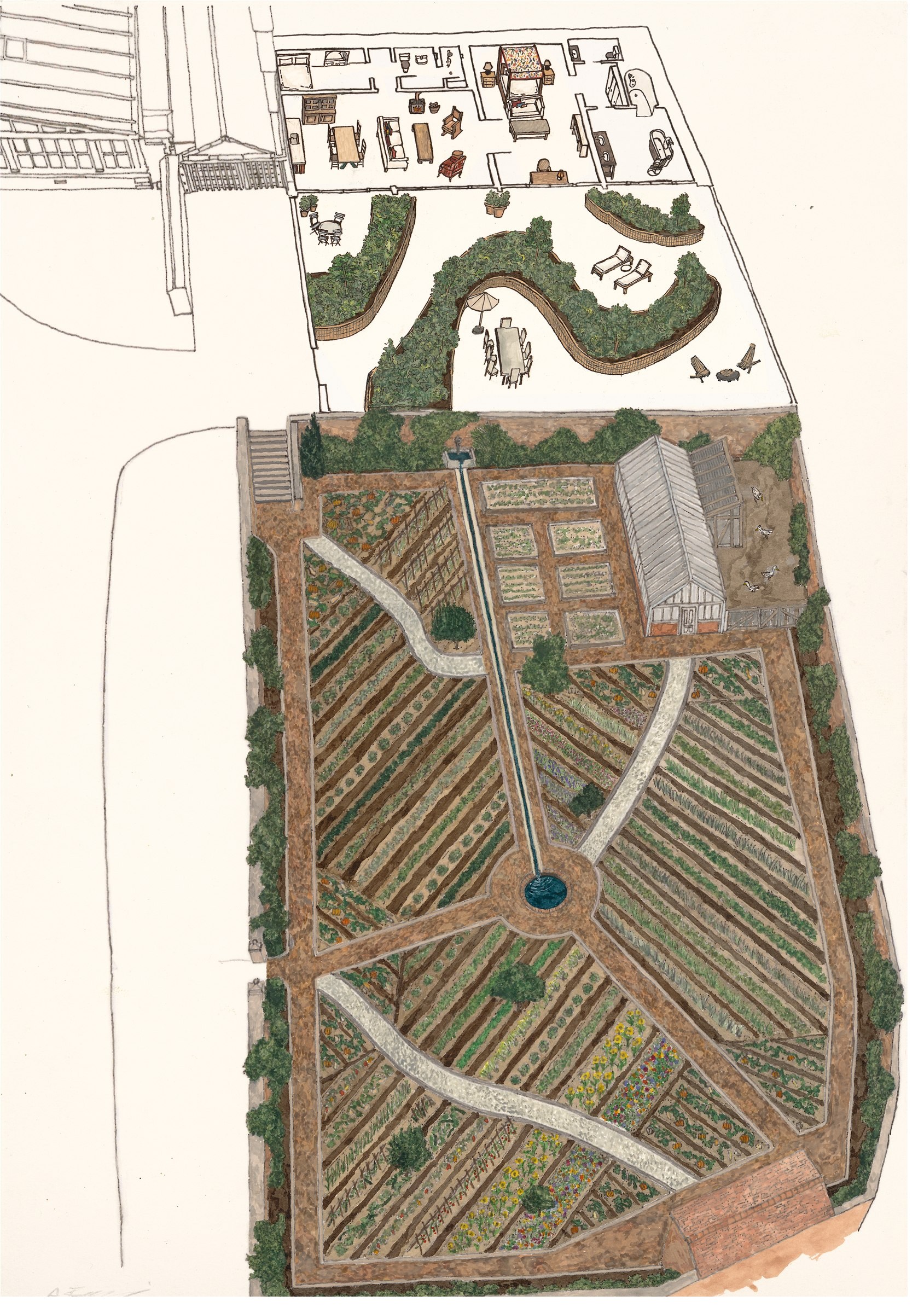 Hand-drawn aerial map of a kitchen garden.