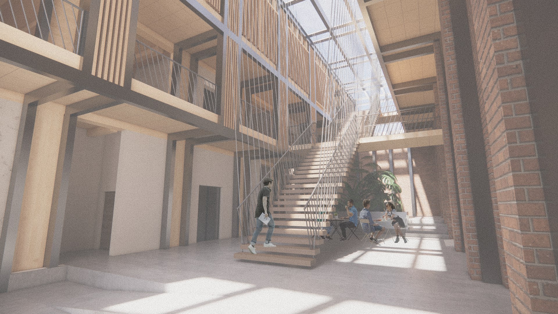 Interior atrium with staircase and seating beneath a glazed roof.