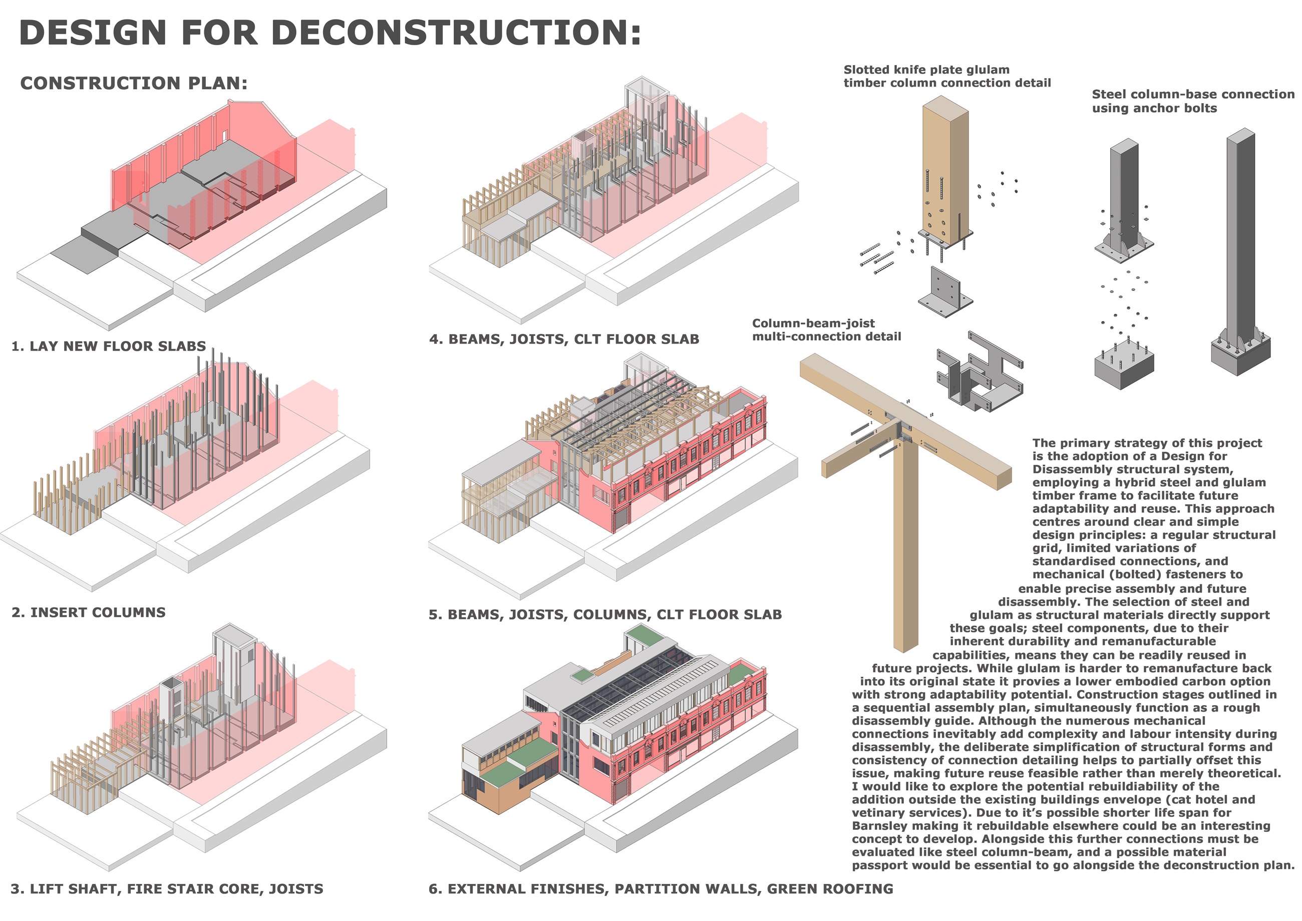 Design for deconstruction — hybrid steel and glulam frame with bolted connections.