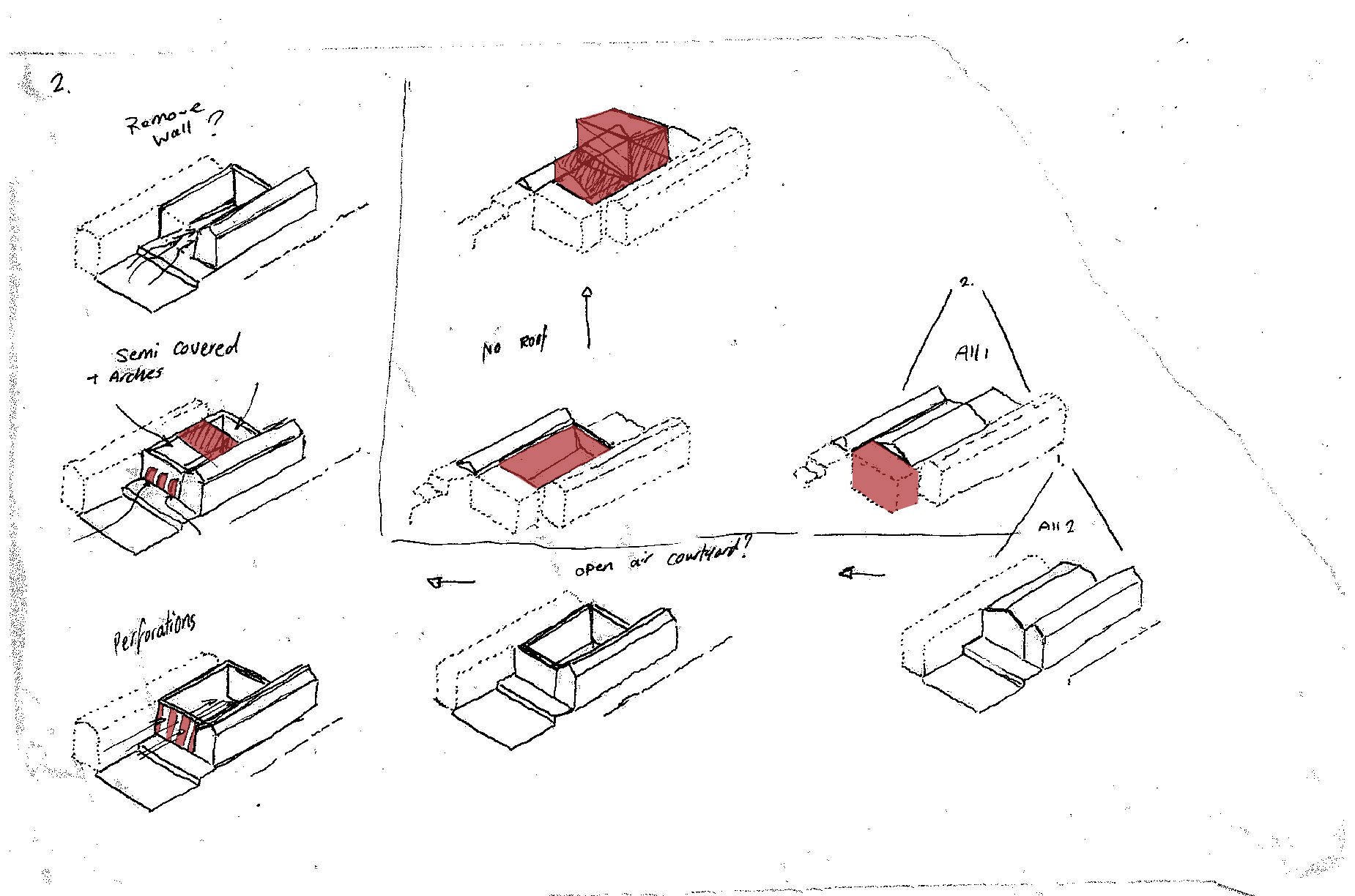 Development sketch 7 — massing options for the courtyard and roof.