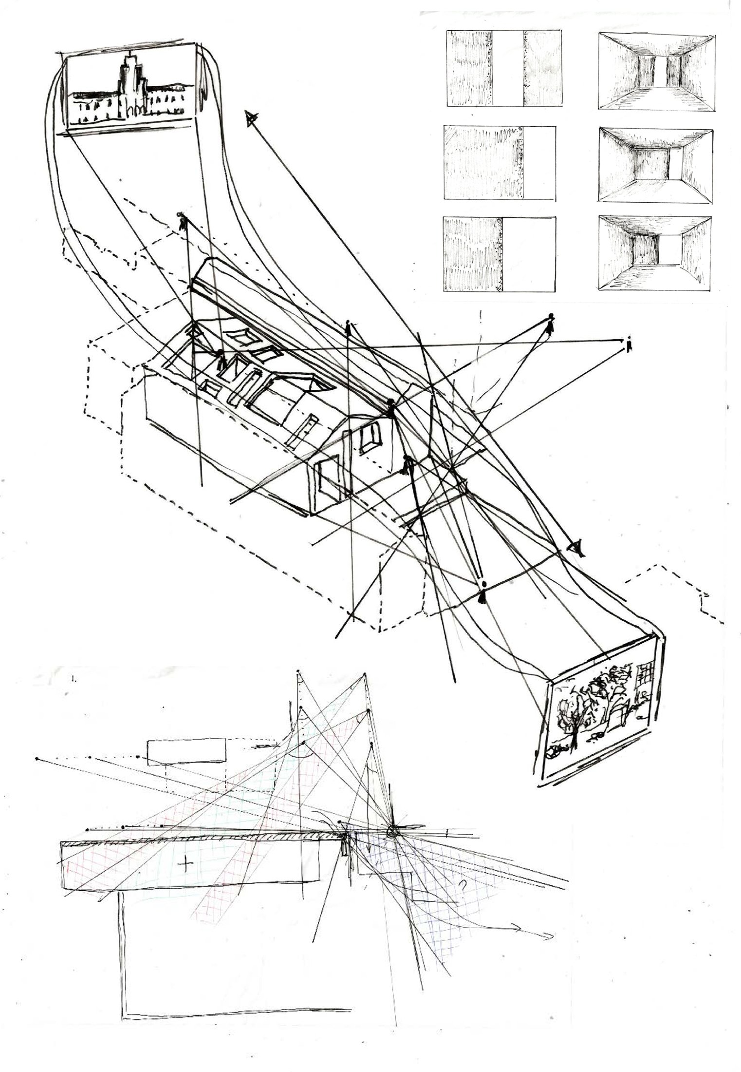 Sketch study of framing views through the building.