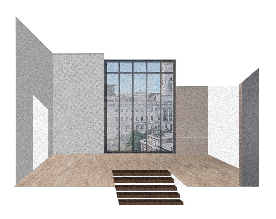 Internal view concept — a framed window onto the town.