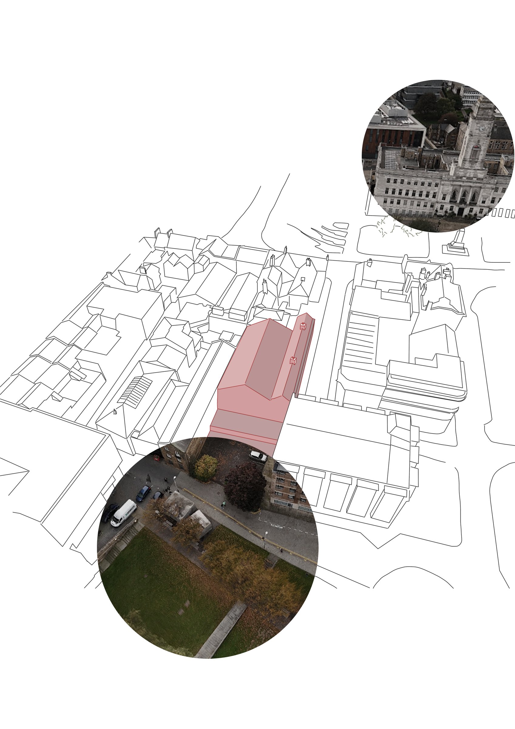 Axonometric drawing identifying key landmarks around the site.