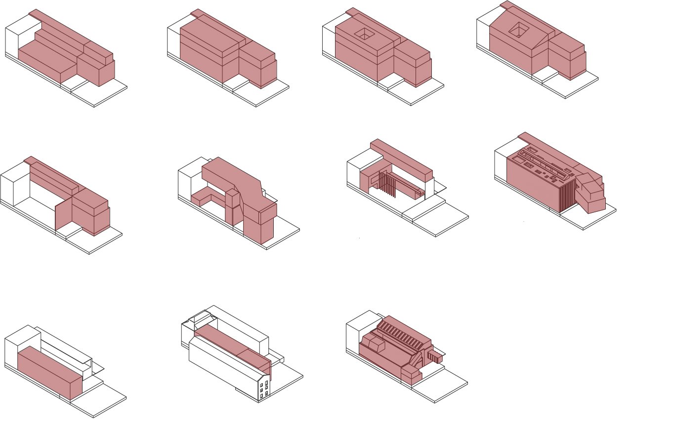 Massing development studies of the building volumes.