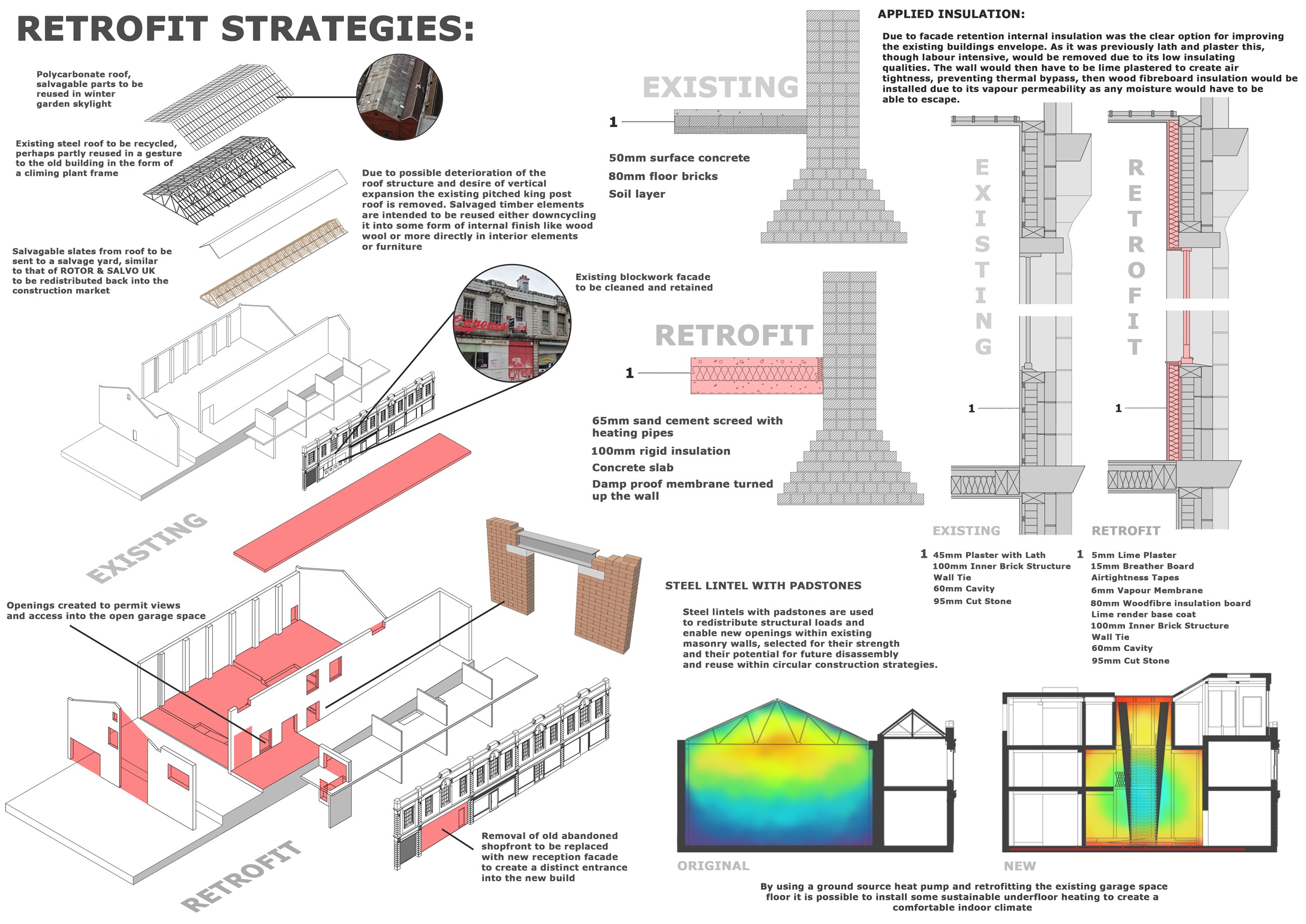 Retrofit strategy — façade retention, internal insulation and structural interventions.
