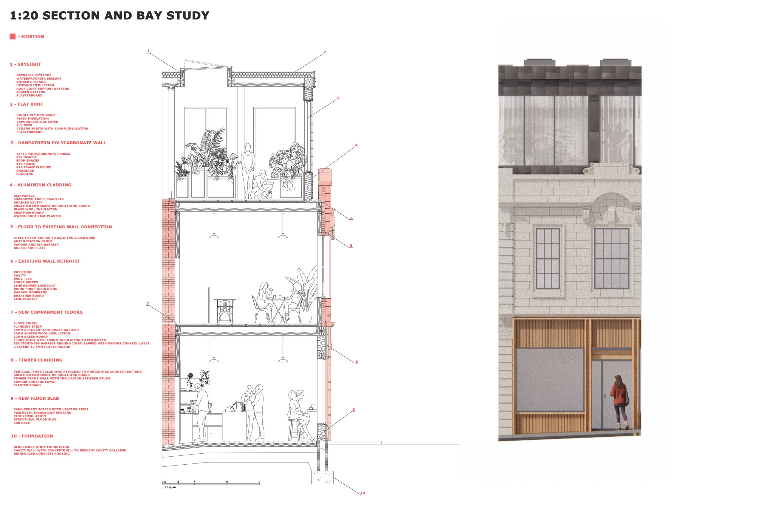 1:20 section and bay study through the building.