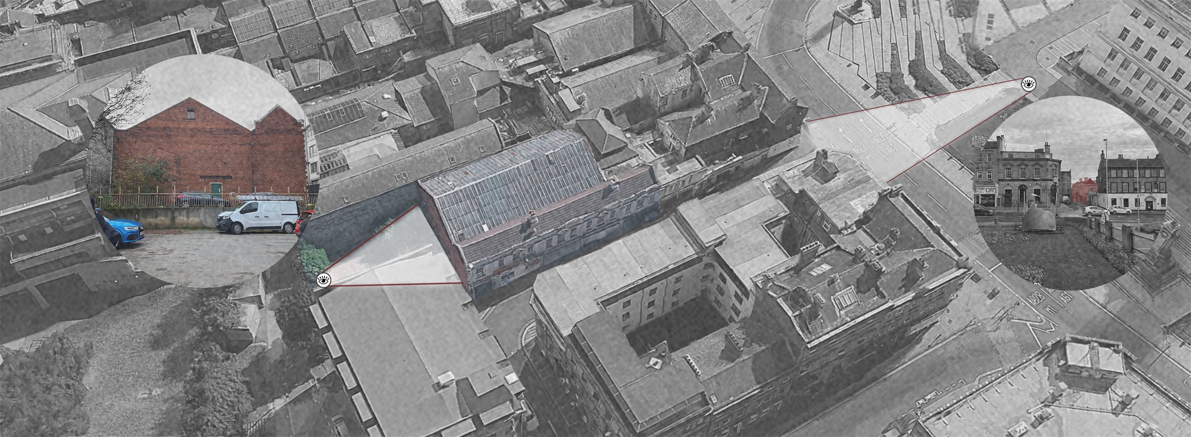 Aerial view setting the site in its immediate context.