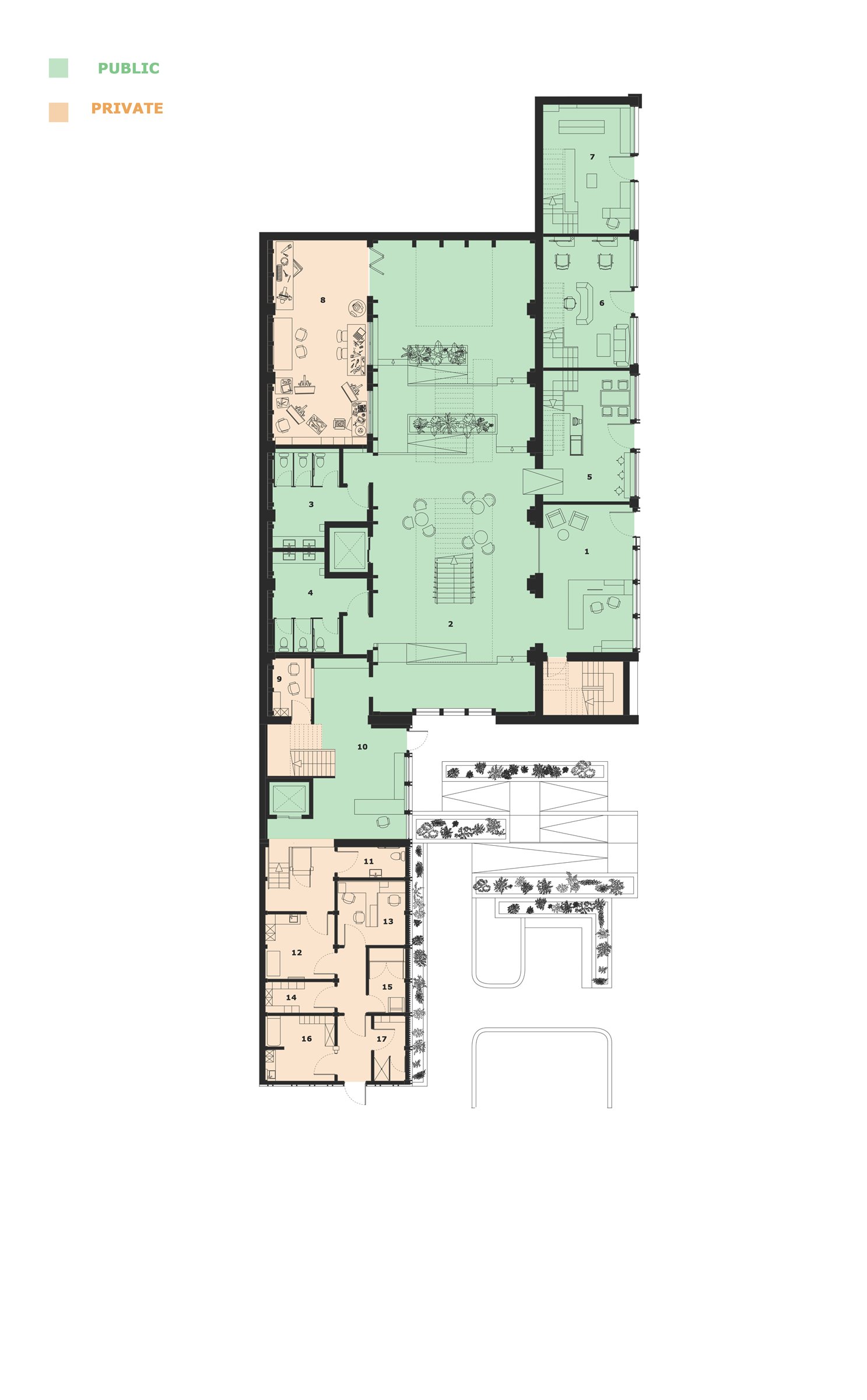 Public and private zones — ground floor.